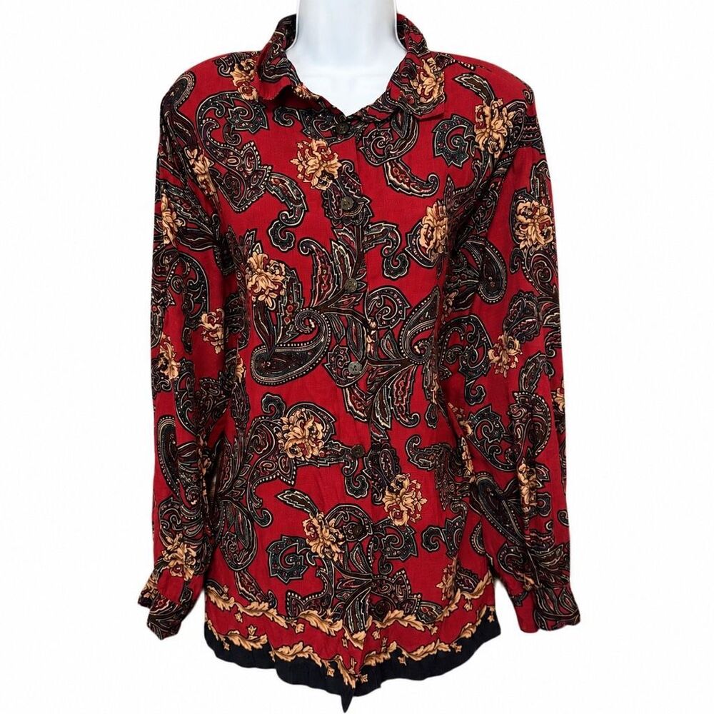 Vintage 80s/90s Capacity Red Paisley Baroque Button Down Blouse Large